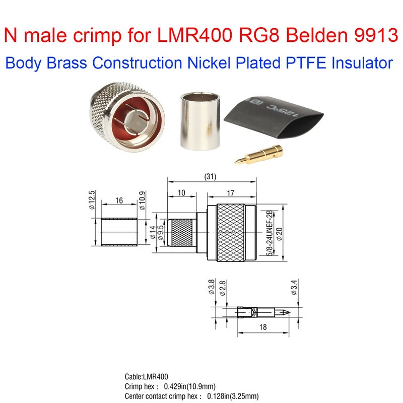 Riotaxy Pack of 10 N Male Plug Crimp Connector 50 ohm for LMR400 Belden 9913 RG8 Nickel Machined Brass Construction (10 Piece N Male for lmr400) - Image 4